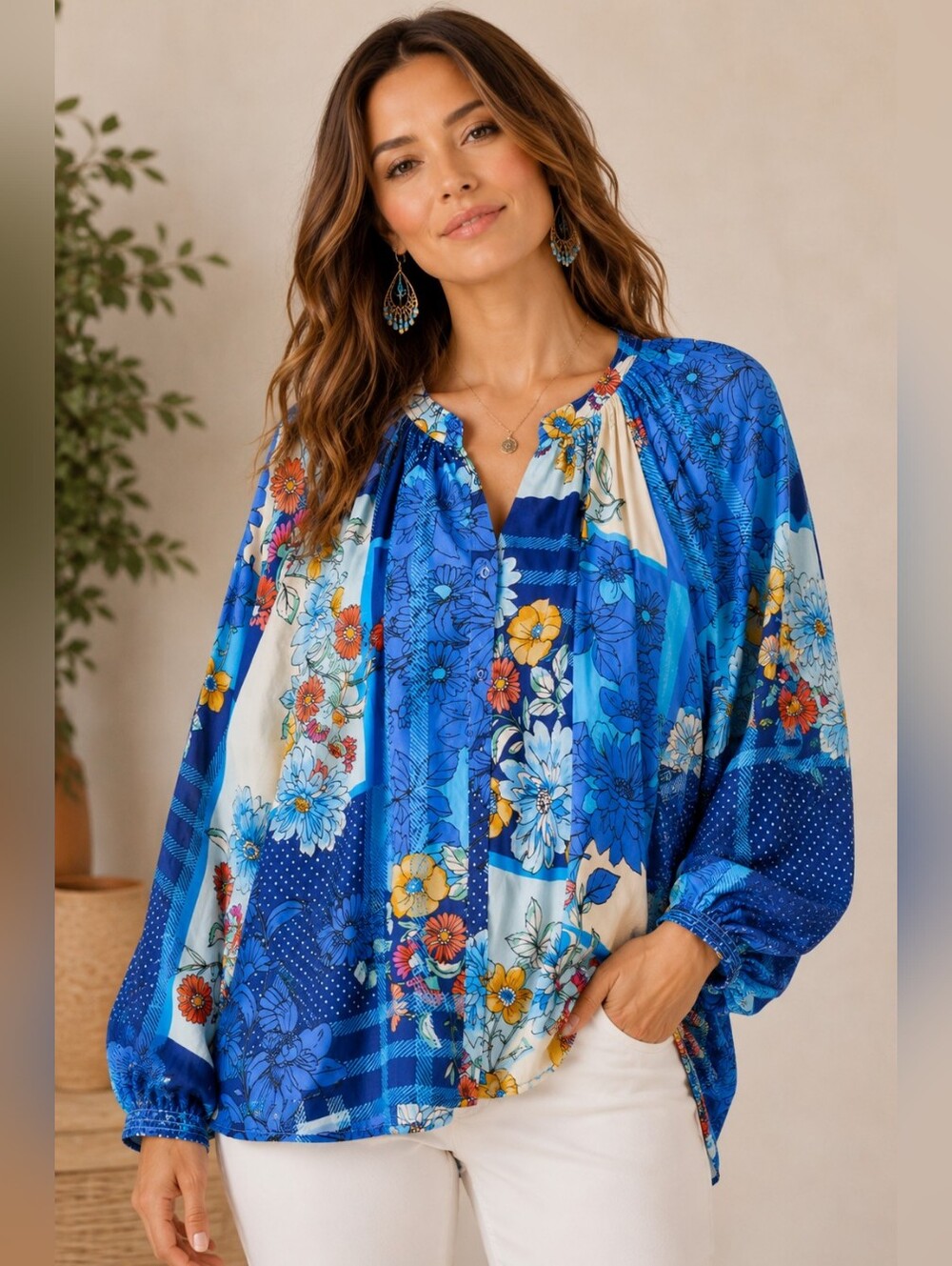 JOHNNY WAS Josy Lynn Raglan Poet Blouse NWT XL 100% Silk Floral Boho Top